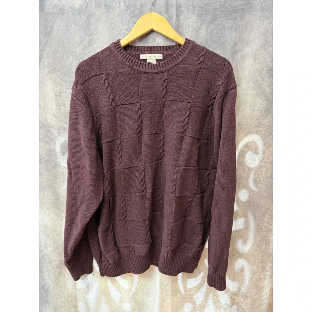 Geoffrey Beene Mens XXL Burgundy Cable Knit Grid Textured Cotton Sweater